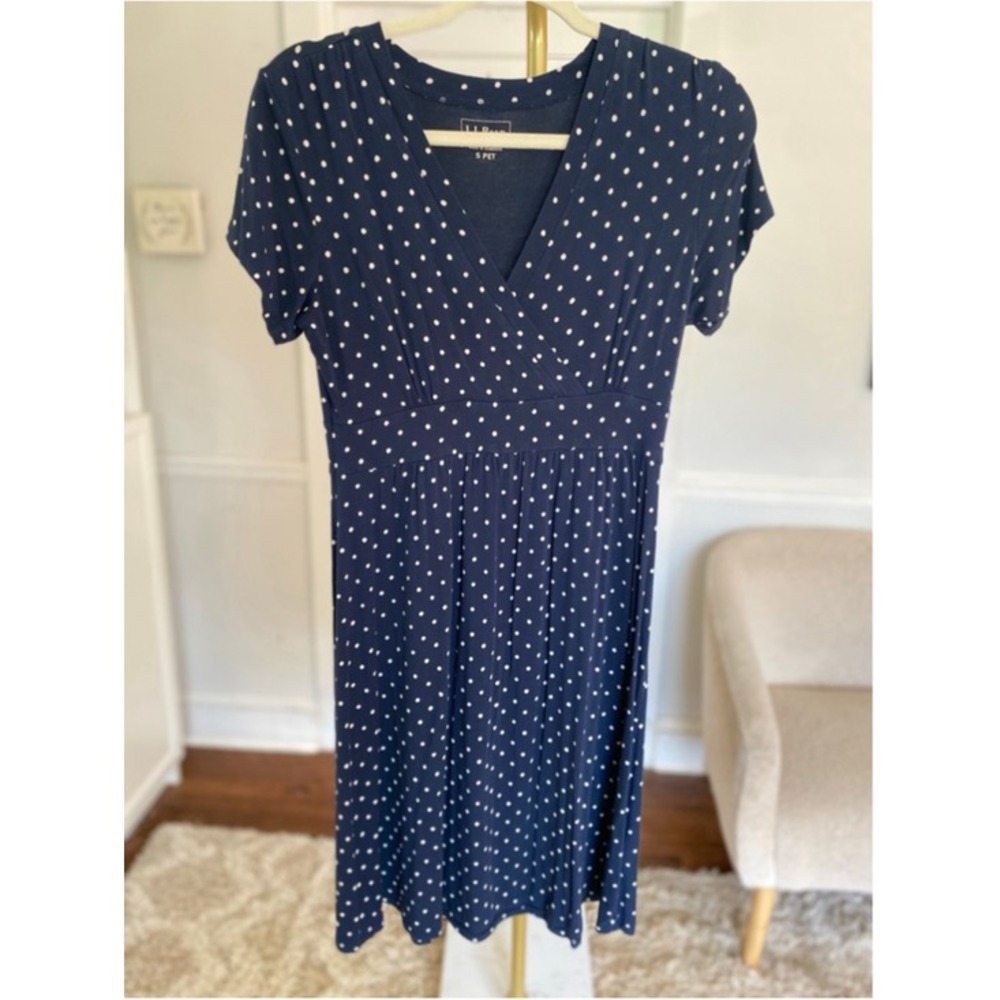 L.L.Bean Navy Polka Dot Midi Dress‎ Coastal Quiet Luxury ParisianCottagecore SP - Picture 2 of 6